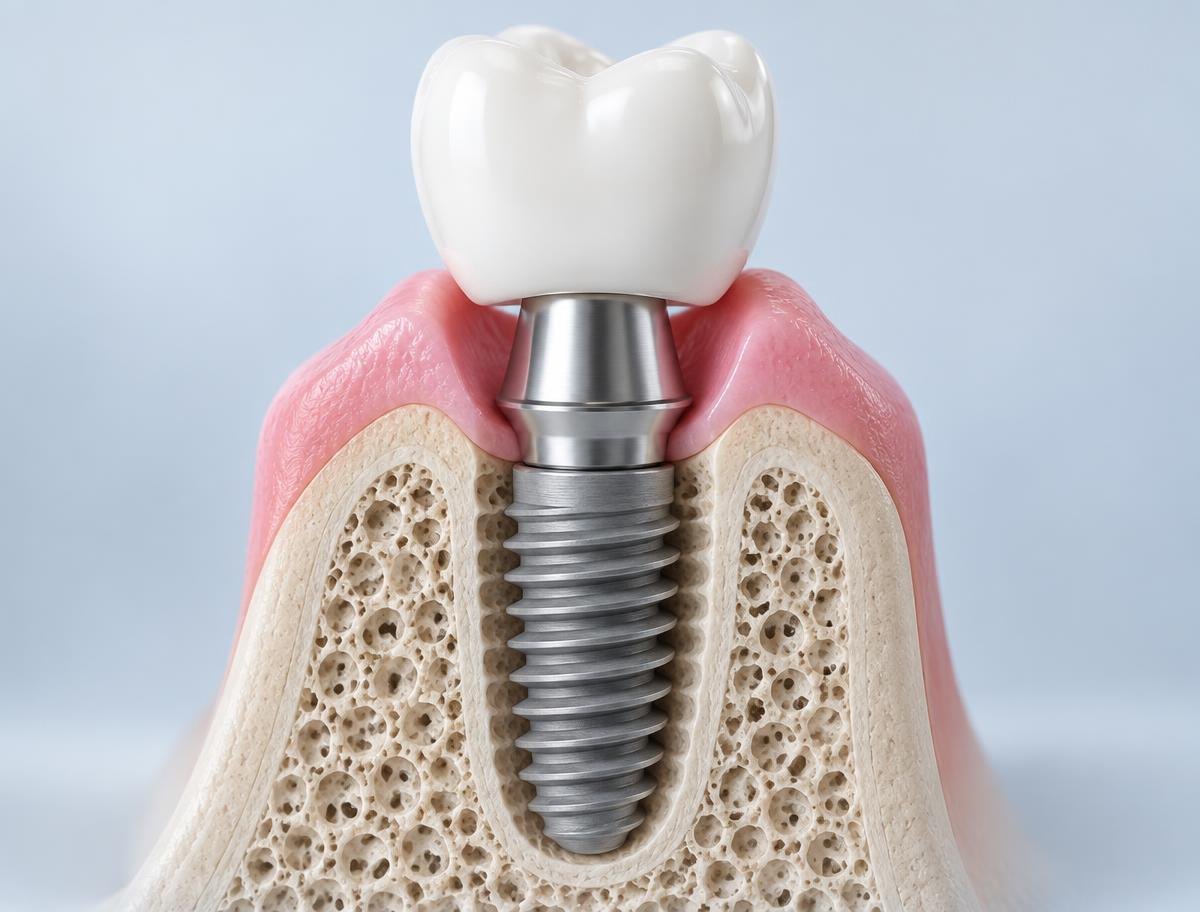 Ilustração em corte de um implante dentário: coroa, pilar e parafuso de titânio no osso